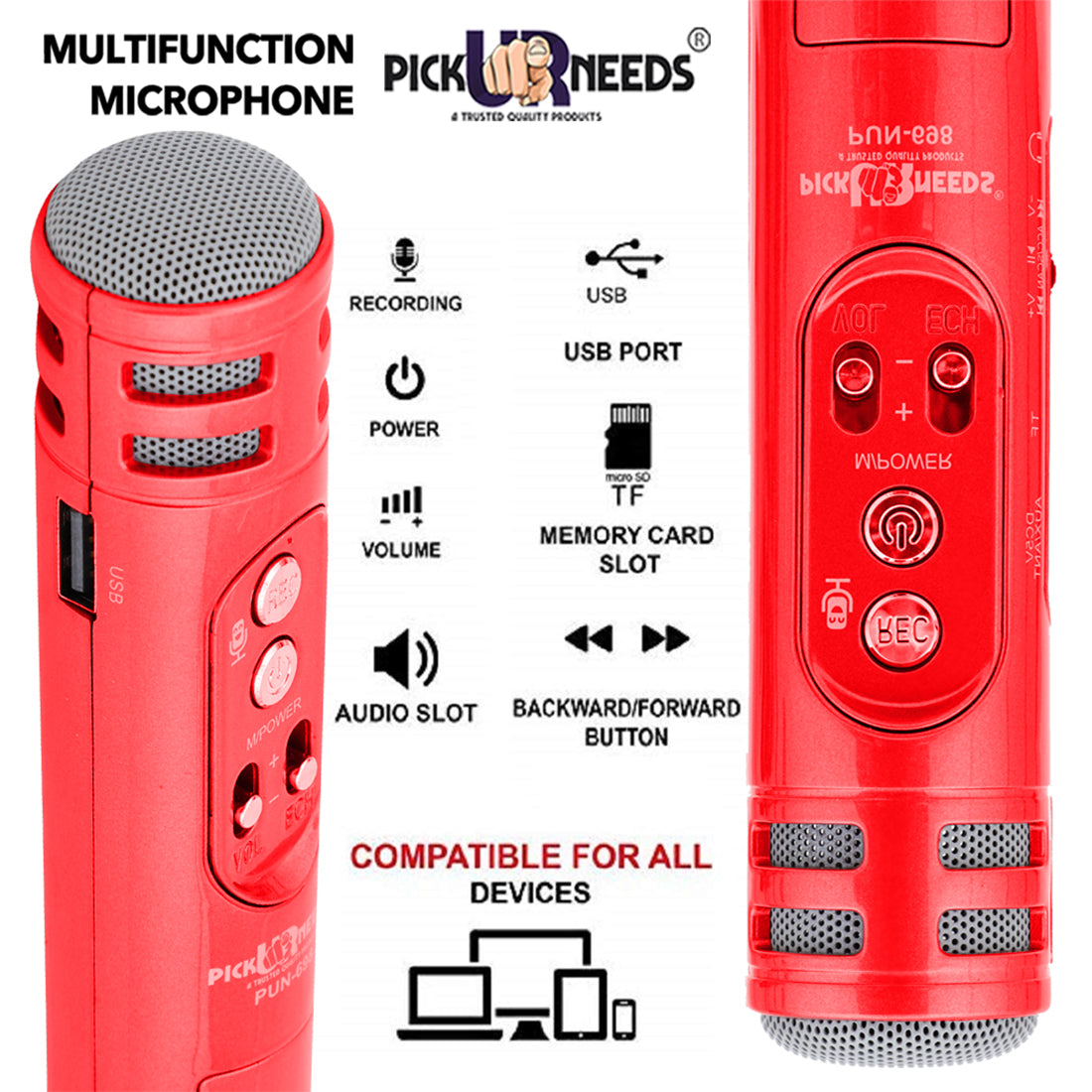 Pick Ur Needs Karaoke Mic with Led Light Wireless Bluetooth Microphone Connection Player Speaker 2-in1 with Recording + USB+FM